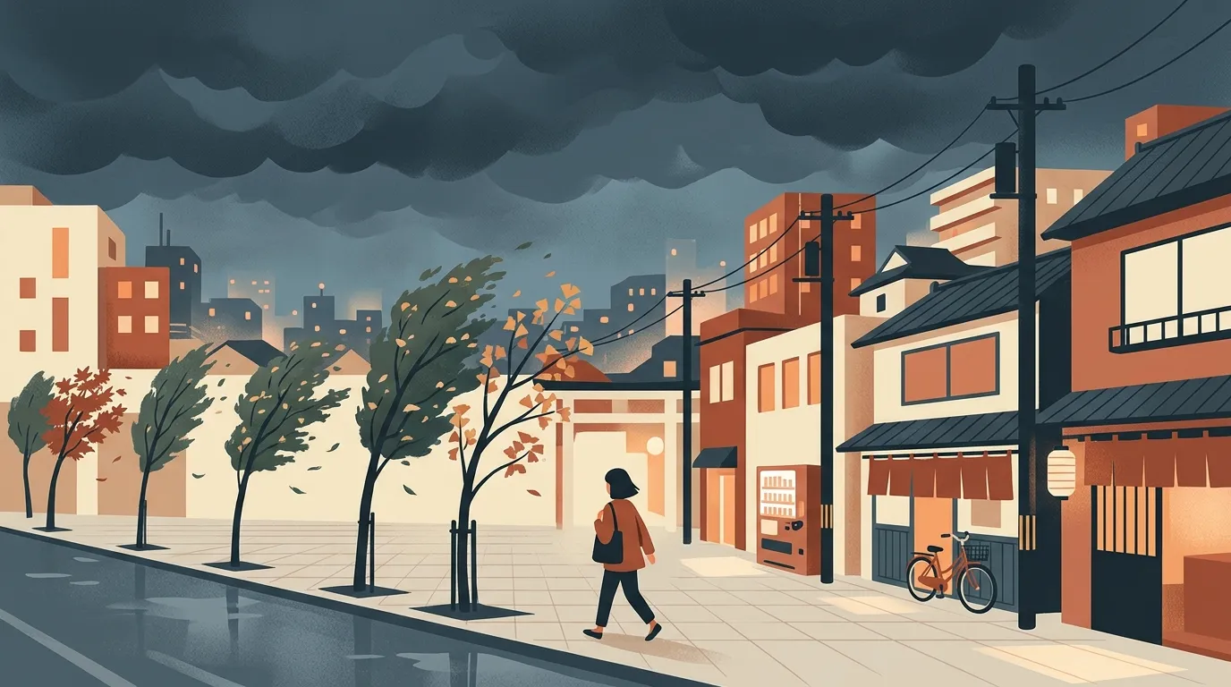 台風の前に帰宅する人と暗い空の街並みのイラスト